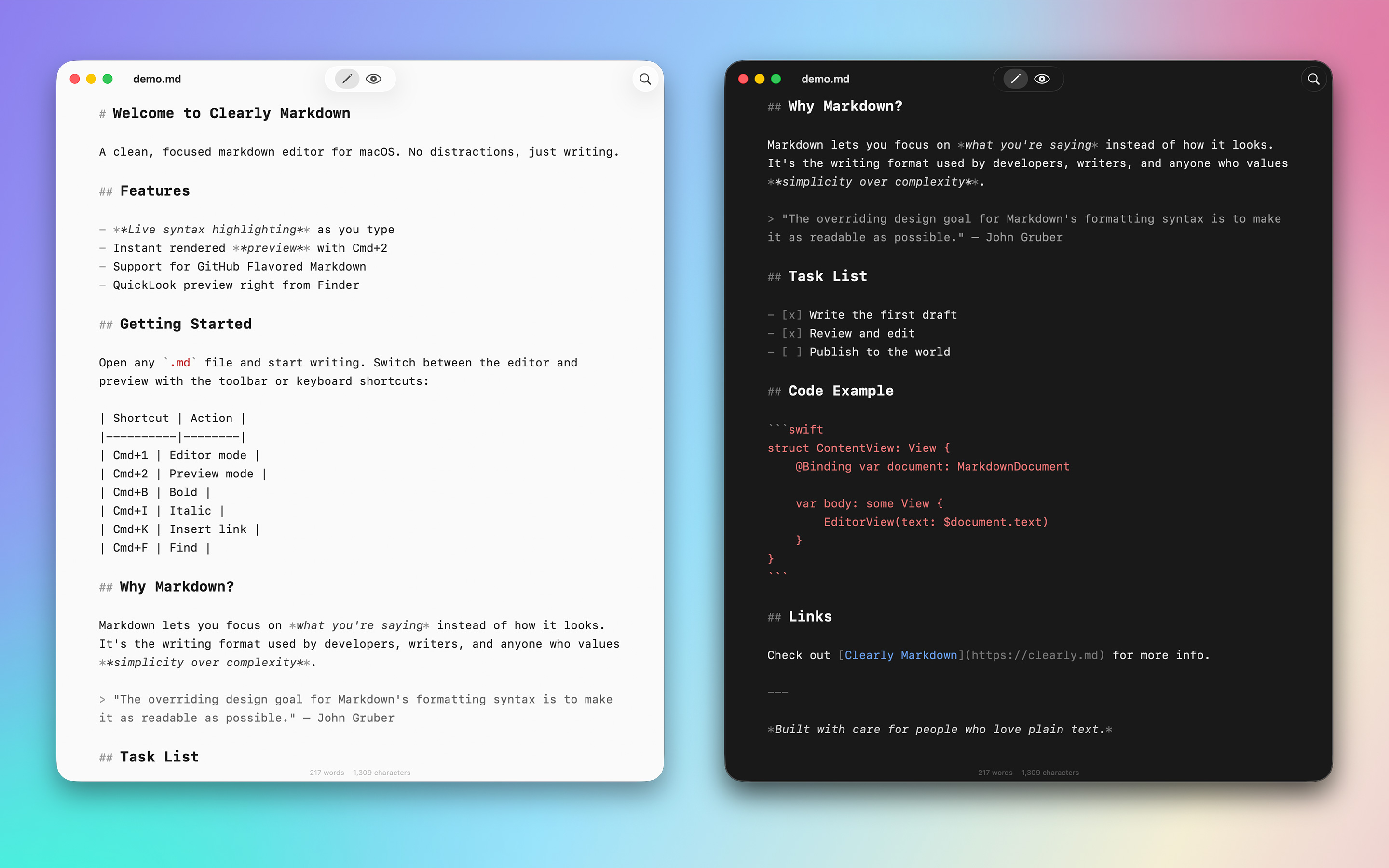 Clearly Markdown — editor and preview side by side